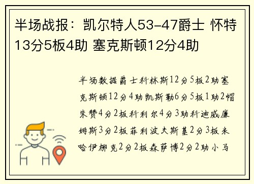 半场战报：凯尔特人53-47爵士 怀特13分5板4助 塞克斯顿12分4助